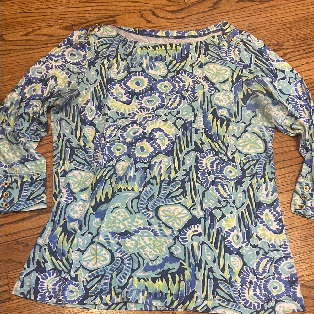 Vintage Lilly Pulitzer Blue Green Floral Long Sleeve With Gold Button Detailing